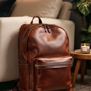 brown leather backpack laid with chair