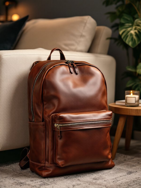 brown leather backpack laid with chair