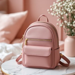 pink small leather backpack on the table