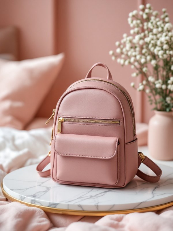 pink small leather backpack on the table