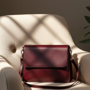 maroon leather crossbody bag in a chair