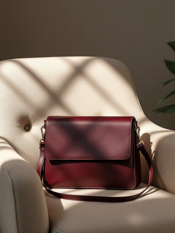 maroon leather crossbody bag in a chair