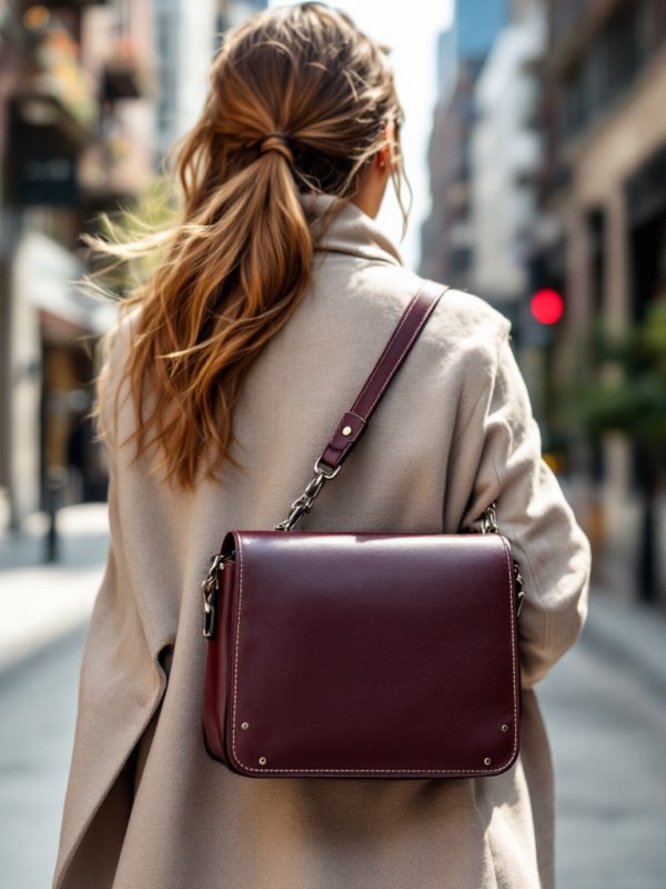 a women wearing maroon leather crossbody bag