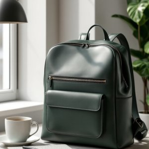 a green vegan leather backpack with zipper compartment