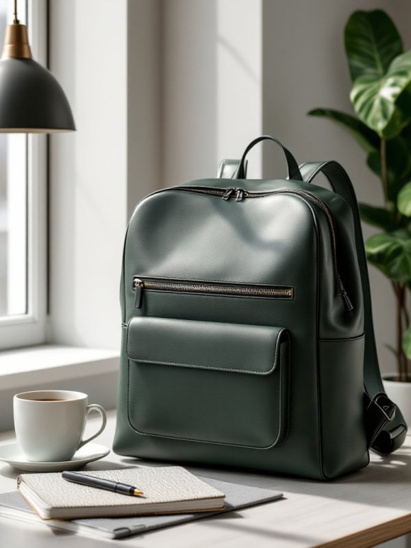 a green vegan leather backpack with zipper compartment