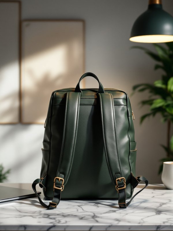 a green leather vegan backpack with supporting backstrips