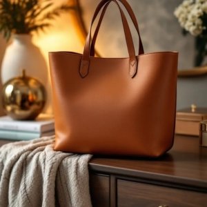 brown shade leather tote bag on the table
