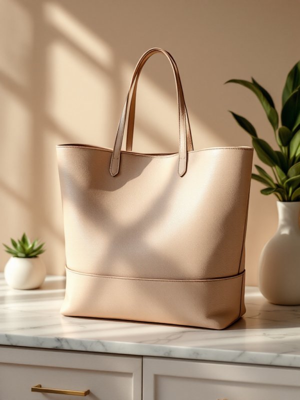 leather tote bag placed on the countertop