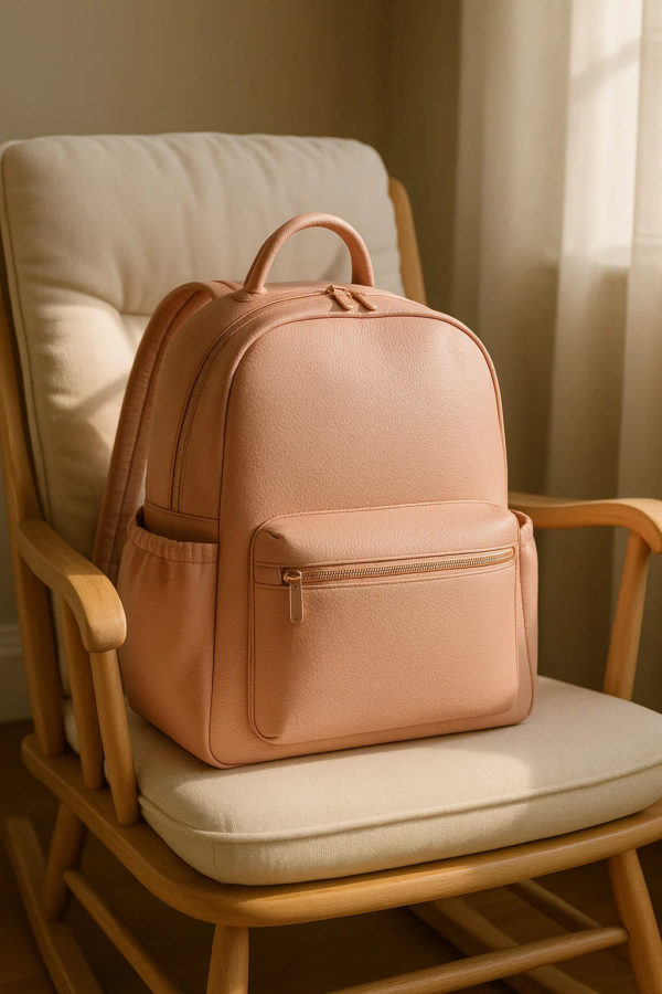 a pinkish diaper leather backpack sits on a chair
