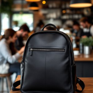 black leather backpack on a table
