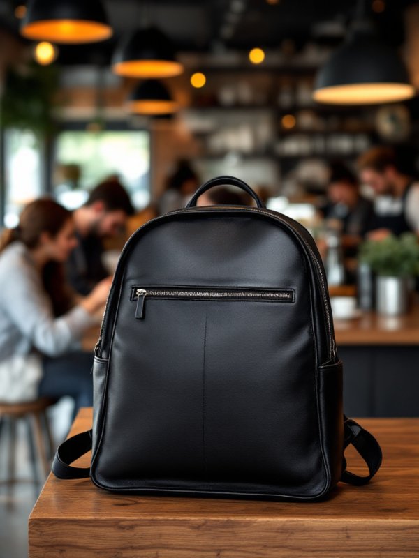 black leather backpack on a table