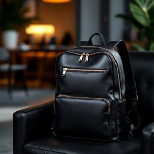 the black leather backpack rests on chair
