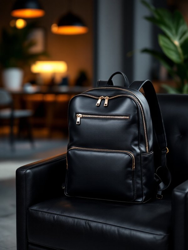 the black leather backpack rests on chair