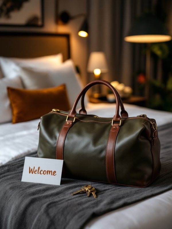 green leather duffle bag with brown strips