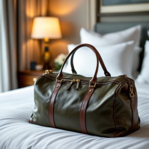 green leather duffle bag with brown strips on the bed