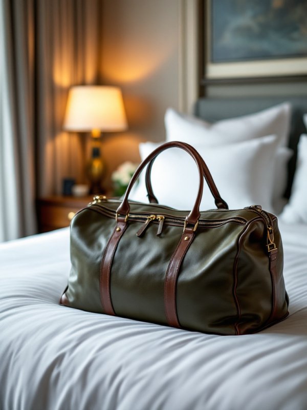 green leather duffle bag with brown strips on the bed