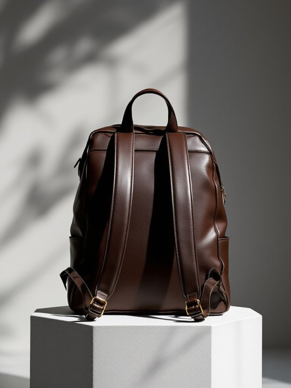 brown leather backpack with straps on the stool