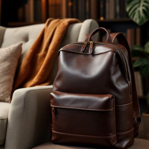 brown leather backpack resting on the table