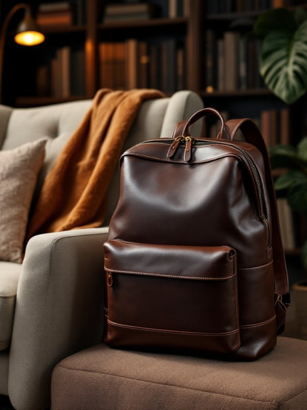 brown leather backpack resting on the table