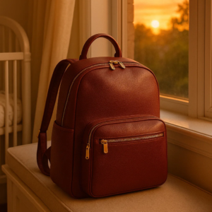 a spacious reddish brown leather diaper backpack sits on a table