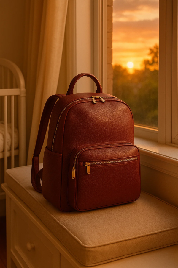 a spacious reddish brown leather diaper backpack sits on a table