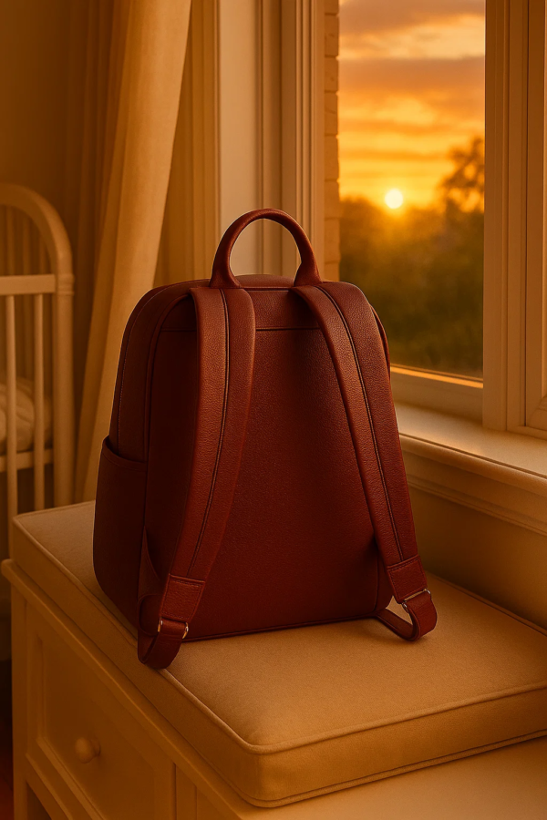 the backside of the spacious reddish brown leather diaper backpack