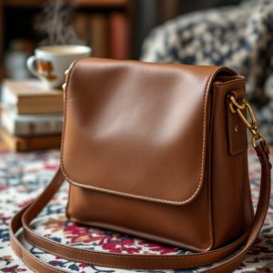 brown crossbody leather bag on a carpet