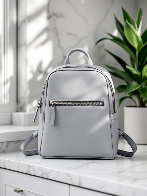 a small leather backpack with zipper on the table