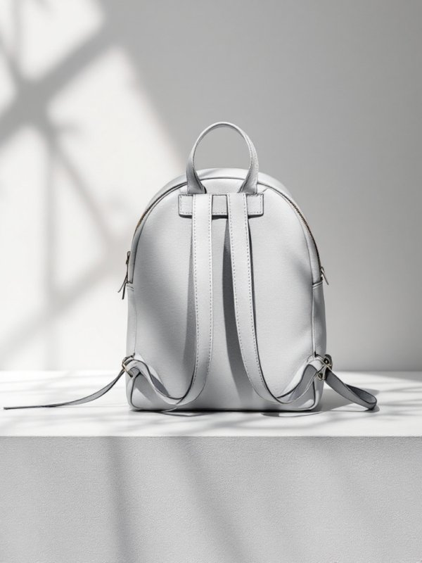 A stylish grey leather mini backpack with adjustable straps.