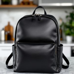 black leather backpack placed on the shelf