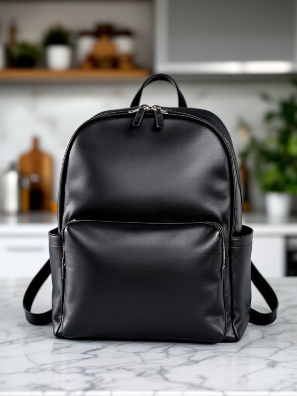 black leather backpack placed on the shelf