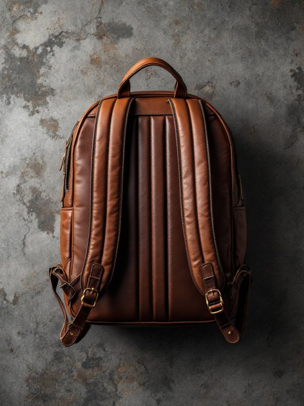 backside of brown leather backpack on the floor