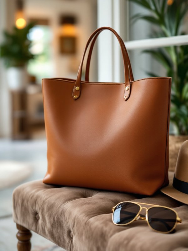 leather tote bag resting on chair