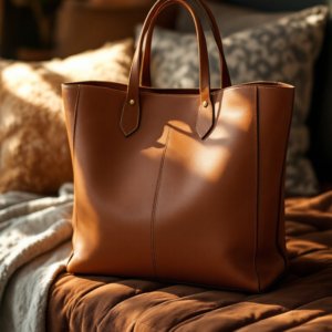 brown leather tote bag resting on chair