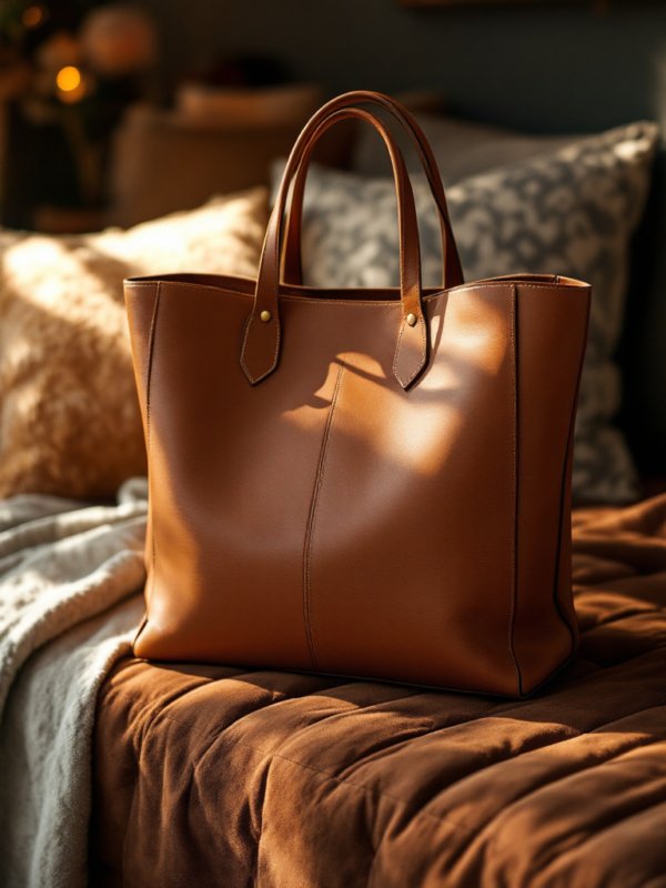 brown leather tote bag resting on chair