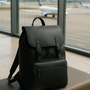 black leather convertible backpack on a table near window