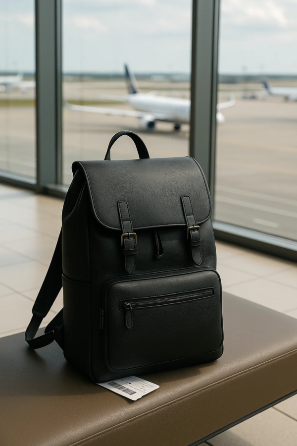 black leather convertible backpack on a table near window