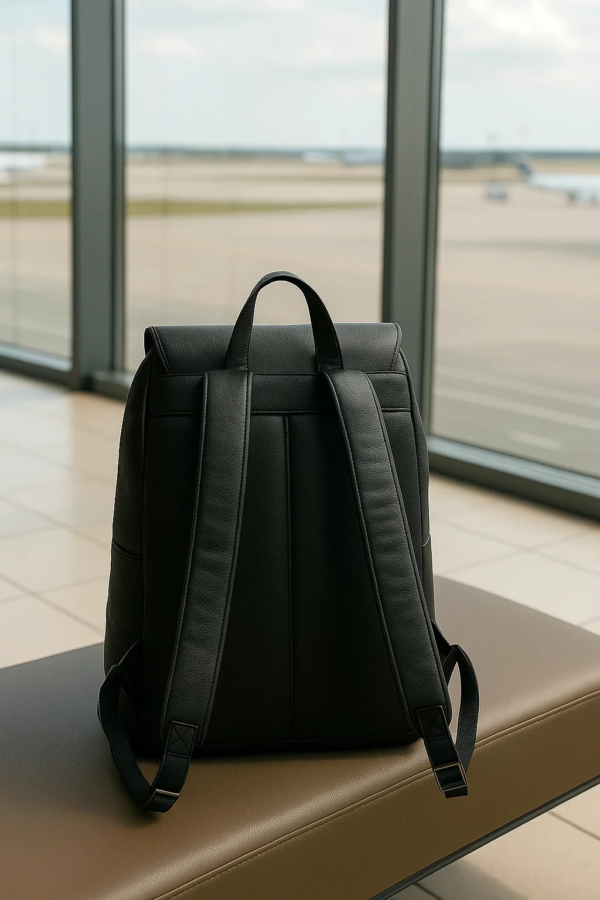 backside of the black leather convertible backpack on a table