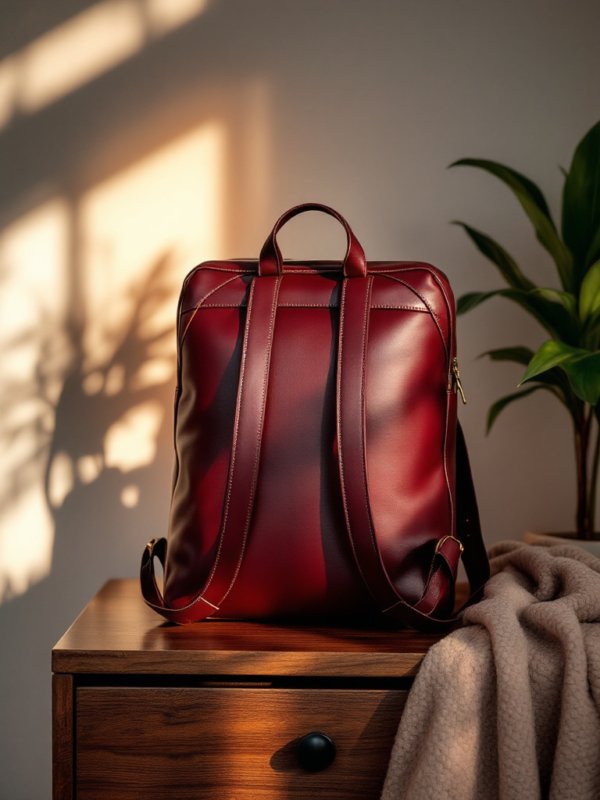 maroon vegan backpack in leather placed on a table
