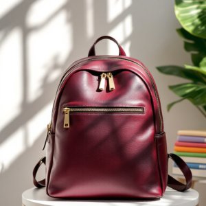 maroon vegan leather backpack on a stool