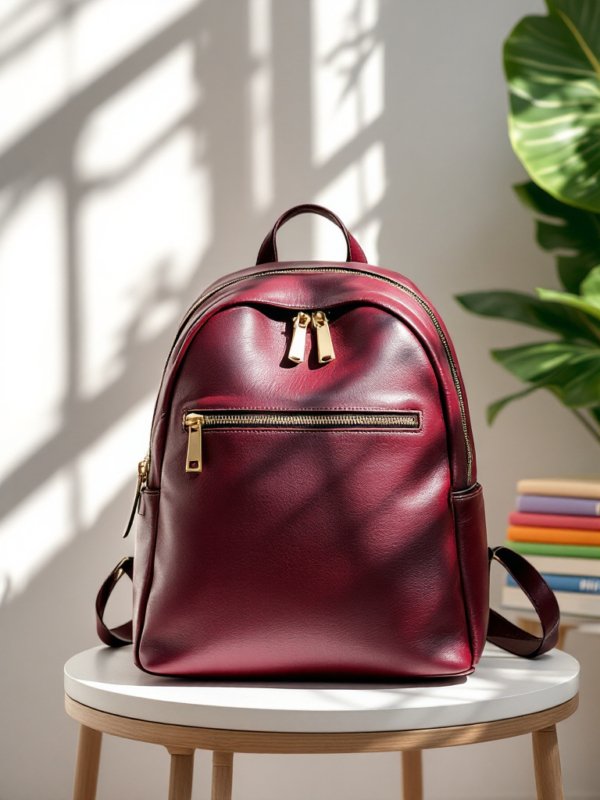 maroon vegan leather backpack on a stool
