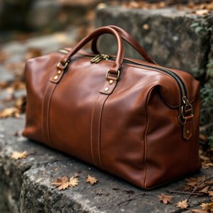 brown leather duffle bag on the stairs
