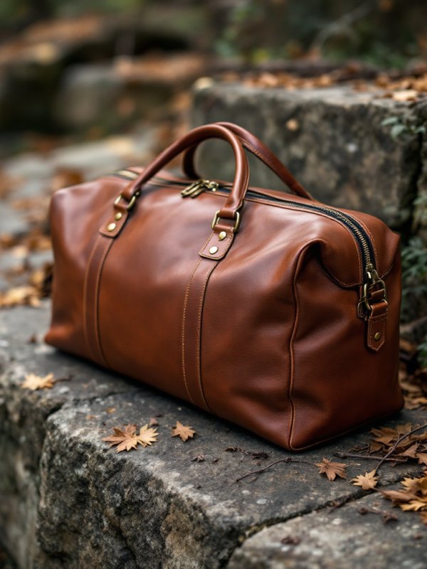brown leather duffle bag on the stairs