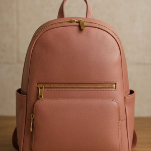 pink leather backpack for women placed on the floor