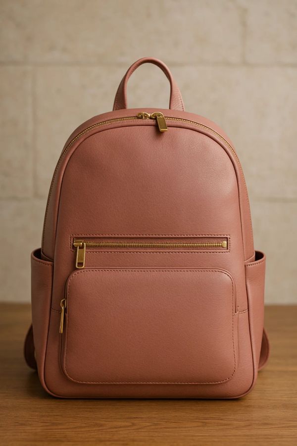 pink leather backpack for women placed on the floor