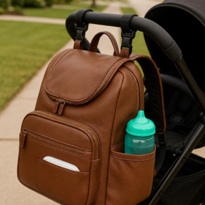 brown leather diaper backpack hung with a walker