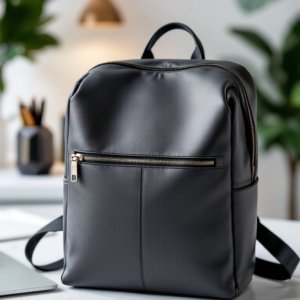 black vegan leather backpack with zipper