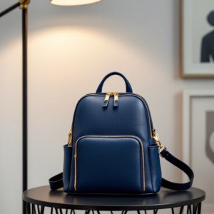 navy blue backpack placed on a table