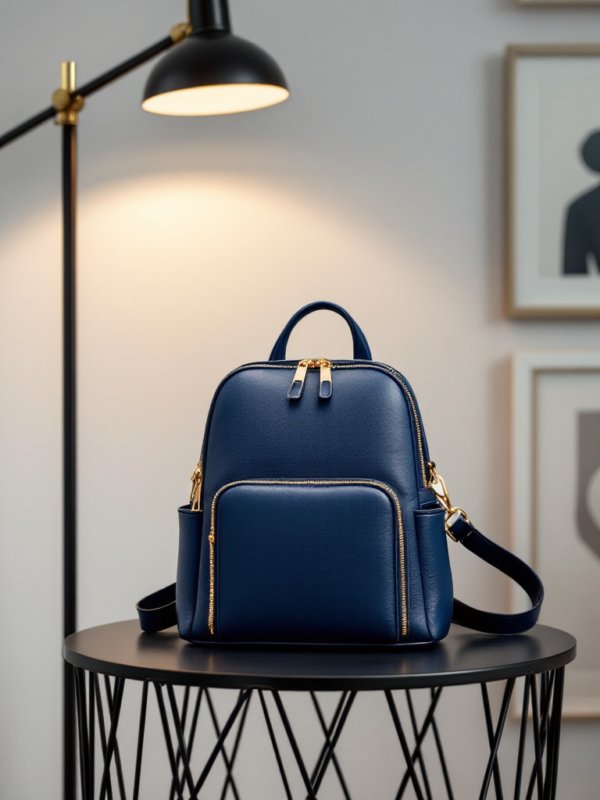navy blue backpack placed on a table