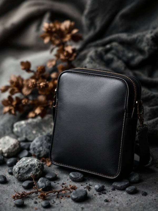 backside of the a black crossbody leather bag